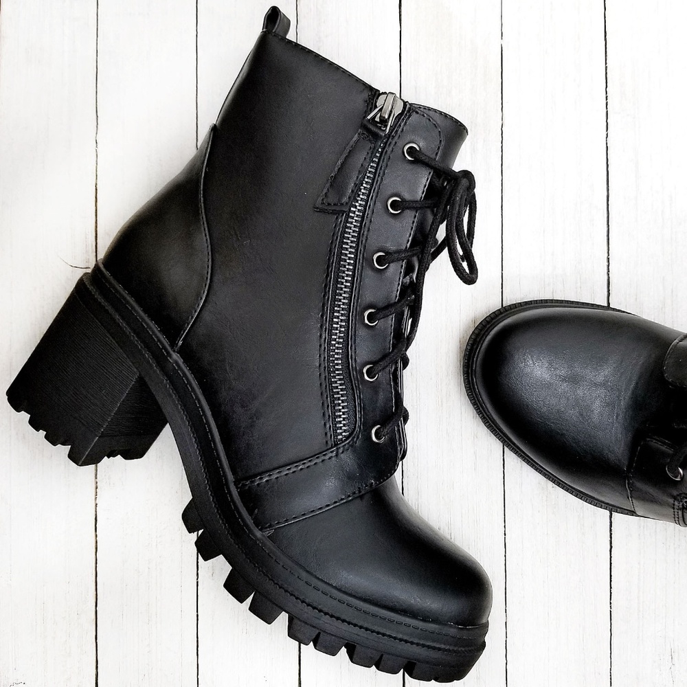 New Black Combat Lace Up Lug Ankle Boots Booties